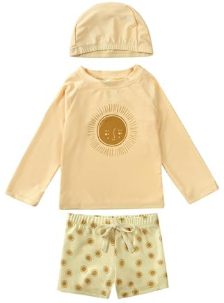 Generisch 2026 Bañador Niños Traje de Baño de Tres Piezas para Niños Rashguard Traje de Baño para Niños Traje de Baño Floral para Niños Infantil Bañador con Gorro de Natación, beige, 6-7 años