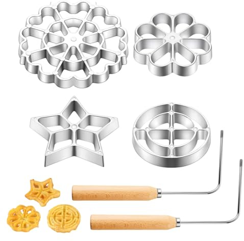 6 st/set rosett järn aluminiumlegering bunuelos form med trähandtag matkvalitet våffelformar med stjärnblomma rund form för kök bakning matlagning rosett järn, bunuelos form, vit