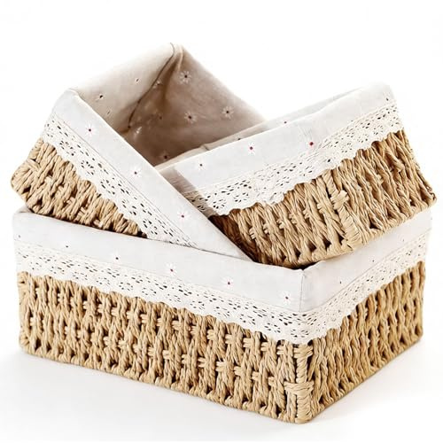 Set of 3 Storage Baskets, 3 Sizes Wicker Bathroom Basket | Small Natural Paper Rope Changing Basket, Woven Hamper Baskets for Shelves, Cosmetics, Makeup, Toys, Table Organiser