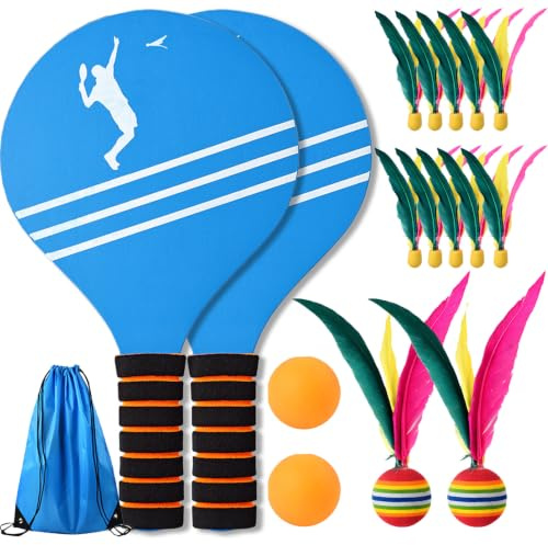 YOUYIKE Beachball-set, 2 paddlbollar, 12 fjäderboll, 2 bordtennis, strandspel, strandbollar, utomhusspel, kasta, fångstbollspel, strandleksak, badminton för utomhus, trädgård