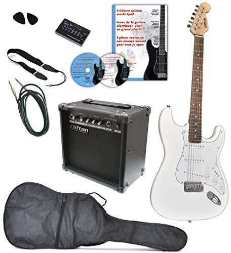 Clifton E Gitarren Set white mit Lern DVD Karaoke Cd Songbook Verstärker Tuner plectren Gurt Kabel