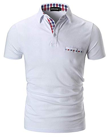 STTLZMC Casual Polo Hombre Mangas Corta Camisetas Deporte Algodón Clásico Plaid Cuello,Blanco,L