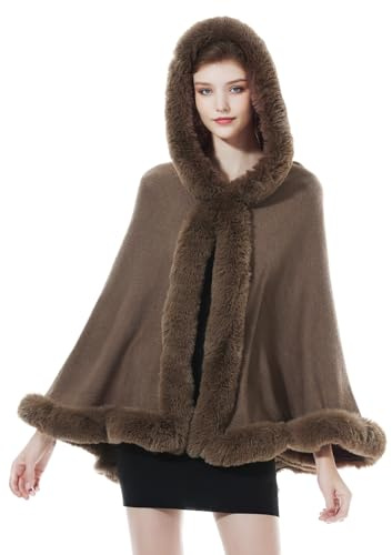BEAUTELICATE Poncho Mantella di Pelliccia Sintetica Donna Invernale Stola Scialle con Cappuccio Lavorata a Maglia Cardigan per Cerimonia Festa Matrimonio (Khaki,Taglia Unica)