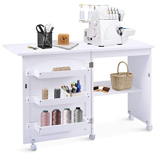 RELAX4LIFE Mesa de Costura Plegable con 5 Ruedas, 4 Estantes de Almacenamiento y Frenos, Mesa para Máquina de Coser de MDF, Mesa Multifuncional para Salón, Dormitorio, 118,5x40x79,5cm (Blanco)