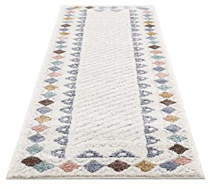 carpet city Teppich-Läufer Hochflor Flur - 80x300 cm - Boho-Style Bordüre Creme Multi - Cut-Loop, Hochtief, 3D-Effekt - Shaggy Teppiche Flauschig-Weich Schlafzimmer Langflor Bettvorleger