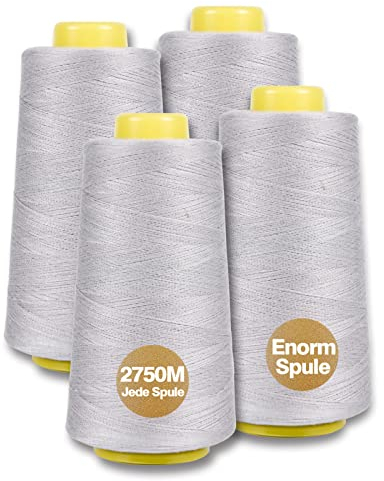 NäHgarn Overlockgarn 100% Polyester Grau Set für Näharbeit Faden Garn für Nähmaschine 4 Fäden Zwirn Reißfest Nähmaschinengarn Thread NäHfaden Overlock Garn 40/2 Je 2745 M, Insgesamt 11000m