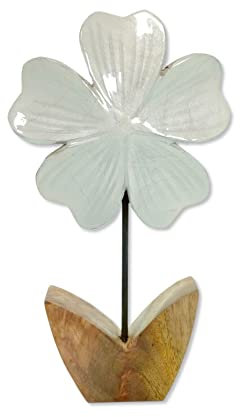 Holz Figur Blume glasiert weiß 15 x 26cm Dekofigur Tisch-Deko Holzblume Skulptur