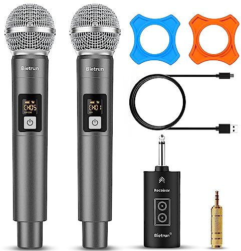 Bietrun Kabelloses Mikrofon, UHF Dual-Handgerät, schnurlos, dynamisches Metall-Mikrofon-Set mit wiederaufladbarem Empfänger, 1/4-Zoll-Stecker-Ausgang, für Karaoke, Kirche, Hochzeit, Partygesang (29,9