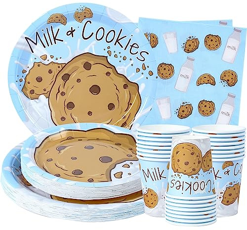 Milk & Cookies Party Supplies - Serves 24. Dinner, Dessert Plates, Cups, Napkins. Chocolate Chip Cookie Birthday Decorations for Kids, Boys, Girls & More