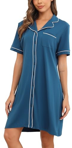 Wikoan Chemise de Nuit Femme en Coton Robe de Nuit à Manches Courtes Chemise de Nuit Été Vêtements de Nuit avec Col V