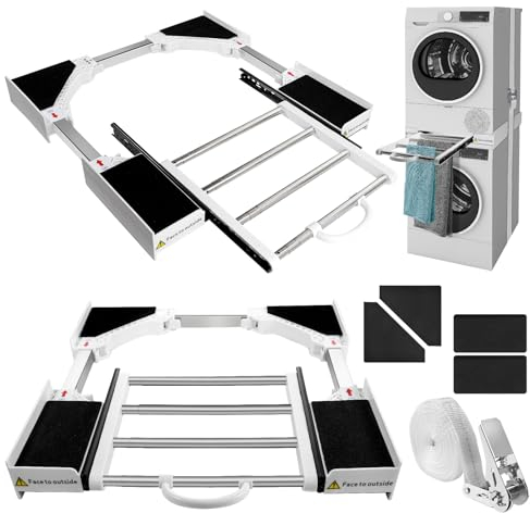 Zanfqvo Kit de Superposition Lave Linge Seche Linge - Cadre Intermédiaire Universel avec Tablette Coulissante et Corde à Cliquet - Accessoires pour Lave-linge/Sèche-linge - Réglable 46-72cm
