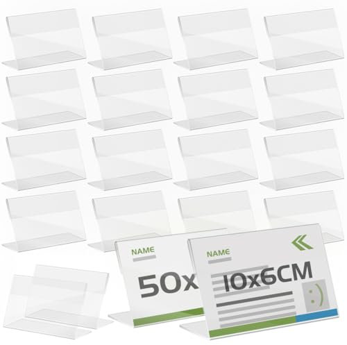 TAPKUA 50 Stück Namensschilder Präsentationsständer, 10x6 cm Acryl-Tischständer, Tischnamensschilder, Vertikale Tischaufsteller für Namensschild und Informationsschild