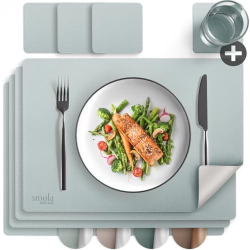 smøla 8-teiliges Tischset aus PU-Leder - inkl. Untersetzer I Platzset Abwaschbar I Platzdeckchen Set in Lederoptik, Tischunterlage für Teller & Gläser I Tischdeko, Blau/Silber