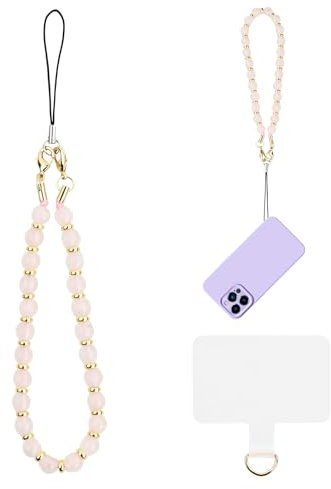 Kaslaider Correa de Muñeca para Teléfono Móvil, Cadena para Teléfono Móvil con Perlas, Pulsera Teléfono Desmontable, Colgante para Teléfono Móvil con Parche para Mujeres Niñas (C-02)