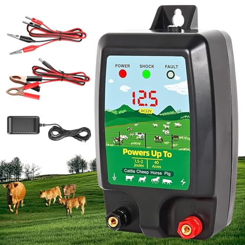 Trsaow Electric Fence Energiser, 12V Electric Fence Tester Insulators Includes Leads and Ground Wire, Weatherproof Kit for Horses, 2 Joule Output,10Km Range