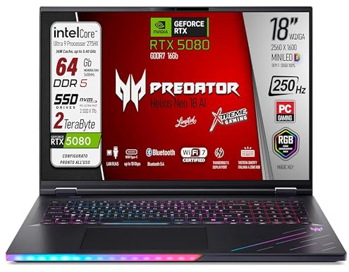 Acer Predator Helios 18 Ai Portatile Gaming, Intel Ultra 9-275X, RAM 64 Gb DDR5 SSD 2TB (2x1Tb), Display 18 WQXGA 250Hz MINILED, GeForce RTX 5080 16Gb GDDR7, WI-FI 7, Win 11, Ready to use
