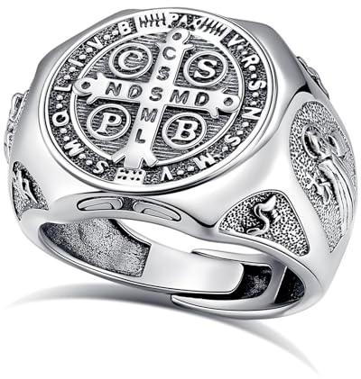 EUDORA Harmony Ball Anello di San Benedetto in Argento Sterling S925 per uomo e Donna, Anello Vintage Regolabile con Amuleto di San Benedetto Gioielli Cristiani Cattolici Regali