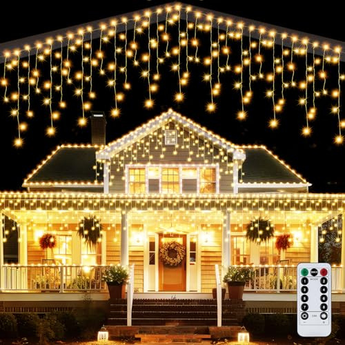 VIPNAJI Luci Natale Esterno Cascata 10M 400 LED Tenda Luminosa Esterno Natale Prolungabile Luci di Natale Cascata, 8 Modalità IP44 Impermeabile per Natale,Tetto, Balcone, Giardino, Bianco Caldo