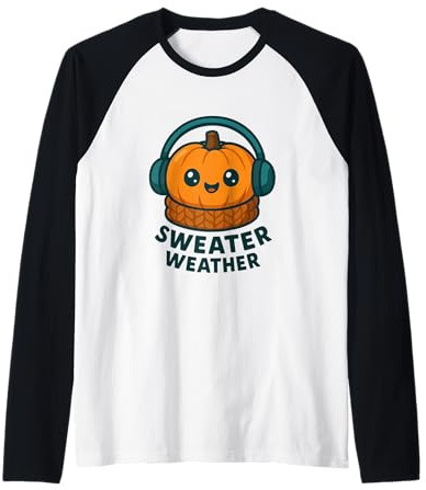 Pull Weather Cute Pumpkin Autumn Design Manche Raglan