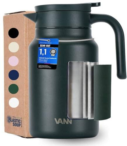 VANN Thermoskanne 1,5l - Isolierkanne [24h warm 36h kalt] - Ideal als Teekanne oder Kaffeekanne - Thermoskanne aus zertifiziertem Edelstahl - Dunkelgrün