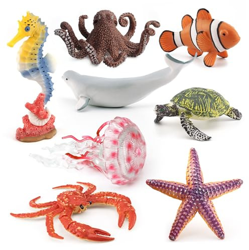 Animali marini, set di 8 figurine realistiche di animali marini, tra cui balena Beluga e cavalluccio marino, giocattoli educativi per l'apprendimento dell'oceano per regali di compleanno per bambin