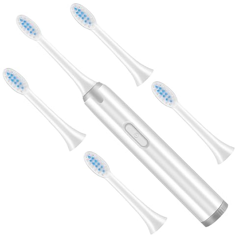 Ipetboom Adult Waterproof Non-Rechargeable Electric Toothbrush with Soft Bristles, Battery Operated Sonic Toothbrush for Household Oral Cleaning, Includes 5 Replacement Brush Heads, White,