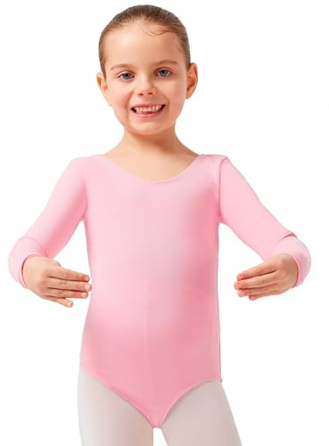 tanzmuster ® Ballettanzug Mädchen Langarm - Lilly - aus Baumwolle, Ballettbody Kinder Ballett Trikot in rosa, Größe 116/122