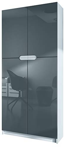 Vladon Büroschrank Logan V1, Made in Germany, Aktenschrank mit 5 Fächern und 4 Türen, Weiß matt/Grau Hochglanz (82 x 185 x 37 cm)