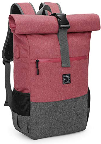 EverVanz Laptop-Rucksack, Damen & Herren Roll Top Wasserdichter Wanderrucksack, Leichtgewichtiger Freizeit-Rucksack, Stilvolle Schultasche mit USB-Ladebuchse