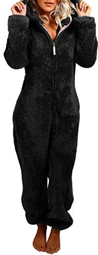 Petalum Combinaison Pyjama Femme Barboteuse Polaire Capuche Vêtement Nuit Adulte Costume Chaud Loungewear Douce Onesie Pajama Women Sleepwear Jumpsuit Pilou Pilou (Noir, Taille 38(M))