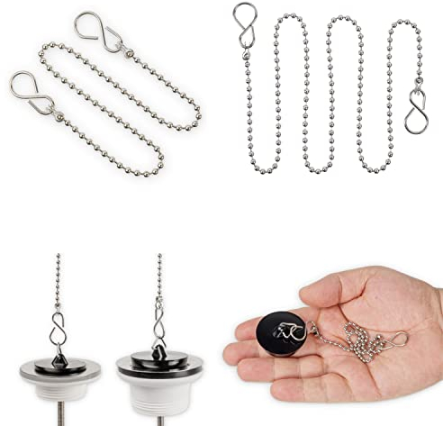 Stöpsel Kette, 2 Pack, 30 und 60 cm Kugelkette, mit 25 mm S-Haken, SS304 Edelstahl, Rost-frei, Stopfen Kugel Kette, Spülbecken Gummistöpsel Ersatz Kettchen mit Ring, für Spüle, Badewanne, Waschtisch