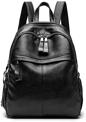 Monitika Rucksack Damen leder Wasserdicht Große Kapazität Modische Freizeit Schulrucksäcke Schwarz