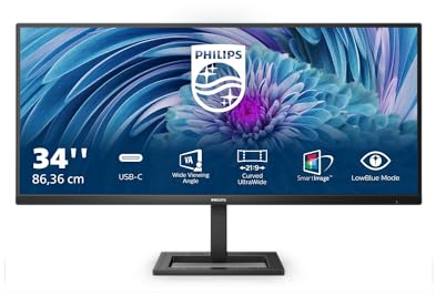 Philips 346E2Lae - 34 Inch Wqhd Monitor, 100Hz, Va, 1Ms, Usb-C Power Delivery, Amd Freesync, Multiview, Speakers, Smart Image (3440 X 1440 @ 100Hz, 300 Cd/M², Hdmi 2.0 / Dpo 1.2 / Usb-C)