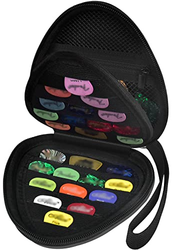 Guitar Picks Holder Case for Acoustic Electric Guitar Holds Over 39 Packs, Variety Pack Bass Picks Storage Pouch Organizer, Guitar Plectrums Bag with Mesh Pocket for Other Accessories (Box Only)