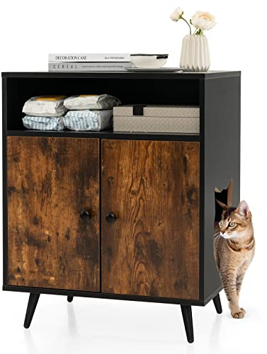 COSTWAY Mueble Moderno para Caja de Arena para Gatos, Escondite para Baño de Gato con Entrada, Compartimento Abierto, Gabinete de Madera para Muebles de Gato, en Interiores 60 x 45 x 75 cm