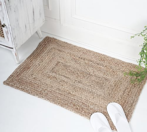 RAJRANG BRINGING RAJASTHAN TO YOU Natural Jute Teppich 60 x 90 cm - Reversible rustikaler Vintage Beige geflochtene Bauernhaus -Rechteckteppiche