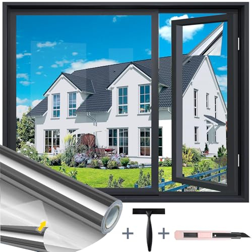 Evofensteere (Silber 60X200cm) UV-Schutz Sonnenschutzfolie Fenster innen oder außen,Selbstklebend Ohne Rückstände Thermofolie Fenster Gegen Hitze, spiegelfolie Fenster sichtschutz für Büro und Haus