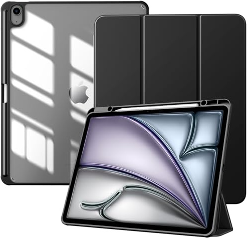 TiMOVO Custodia per Nuovo iPad Air 13 Pollici (M4/M3/M2-2026/2025/2024) con Portapenne, Cover Protettiva per iPad Air 13 con Supporto Pieghevole & Retro Trasparente, Auto Sveglia/Sonno, Nero