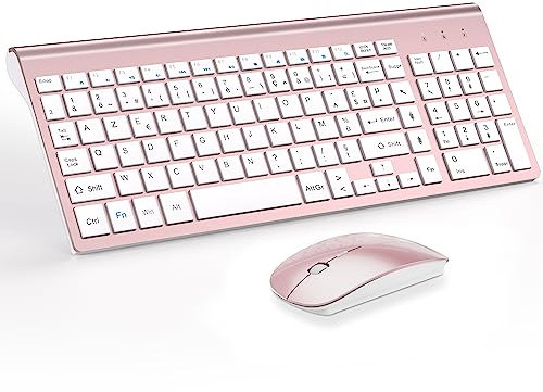 TopMate Ensemble Clavier et Souris sans Fil Ultra-Mince, 2.4G Silent Compact Clavier de Souris 2400DPI Pleine Taille, Clavier avec Couvercle, Piles 2 AA et AAA, pour PC/Laptop/Windows/Mac - Rose Blanc