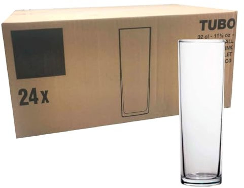Acan Tradineur - Caja de 24 Vasos Modelo Tubo - Capacidad: 320 ml - Fabricado en Vidrio Resistente - Apto para lavavajillas - Tamaño Aprox: Ø 6 x 16,5 cm - 24 Uds Totales.