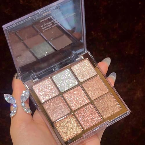 Shimmering Glitter Eyeshadow Palette for Women - 9 Colors of Highly Pigmented Eye Shadow with Gold, White, and Pink Hues. Perfect for Girls' Make-up Looks
