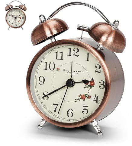 Retro Alarm Clock, Alarm Clocks Bedside with Twin Bell and Large Digits for Heavy Sleepers, Non Ticking Silent Alarm Clock, Loud Alarm Clock with Night Light for Bedroom Office, No Included Battery