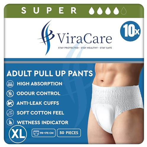 50 x Super Incontinence Pants Women and Men, Adult Nappies | High Absorption, Anti-Leakage, Soft-Stretch Waistband, Breathable, Discreet, Adult Diapers, X-Large Size (5 Packs of 10)