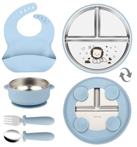 OXYEFEI Edelstahl Teller Baby,Kindergeschirr Set mit Tiermotiven Baby Teller mit Saugnapf Geburtstagsgeschenke für Babys, Taufgeschenke (Blau, Löwe)