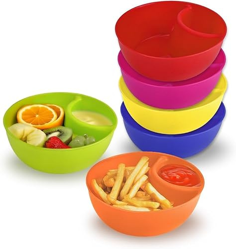 JINGIHE 6pcs Chip and Dip Bowl, Snack Tray Platters for Party Food with 2 Compartments, Plastic Snack Bowls for French Fries, Nibbles, Nuts, Desserts, Veggies, Candy, Salad (6 Colours)