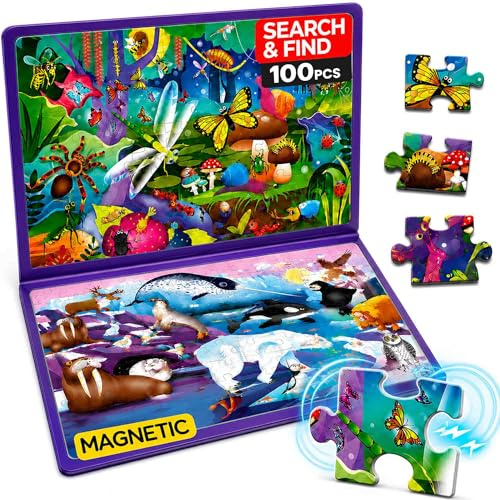Puzzles Magnétiques Enfants 4 à 6 Ans - Livre Puzzle 3 à 5 Ans | 100 Pièces Puzzles - Deux Puzzles et Deux Jeux des Différences - Livre d'Activités Insectes et Animaux Polaires - Search Find