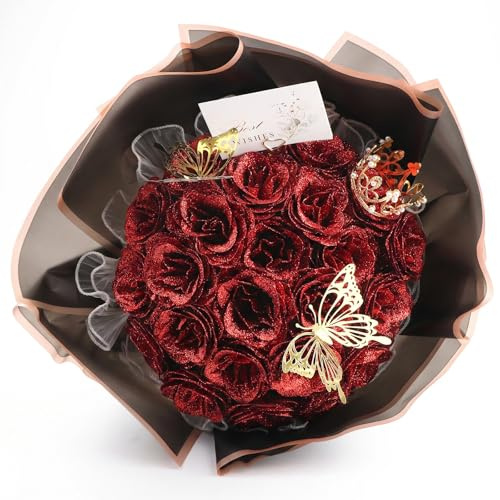 DRAKEWOOD Bouquet Rose Rosse Finte Brillantini con 24 Pezzi Rose Artificiali Bordeaux Farfalle E Corona - Eterna Mazzo di Fiori Glitterati per San Valentino Matrimonio Anniversario Festa Della Mamma