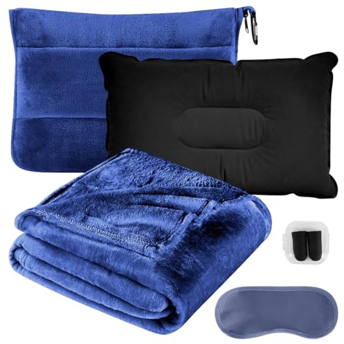 Manta de viaje 3 en 1, ultraligera y cálida, manta de avión para avión y coche, cojín inflable portátil con funda, funda de equipaje, clip para mochila, antifaz y tapones para los oídos (azul)