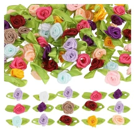 LOVSSU Tygblommor 100 stycken miniblommor för pyssel, flerfärgade rosor av satin med gröna blad, liten liten konstgjord tygfluga
