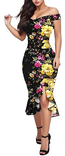 Damsommarklänning 2026 Volang Axelbas Lös Dam Kalla Blommor Slits Enkel Klänning Mode Vanlig Kortärmad Sexig(Yellow,XXL)